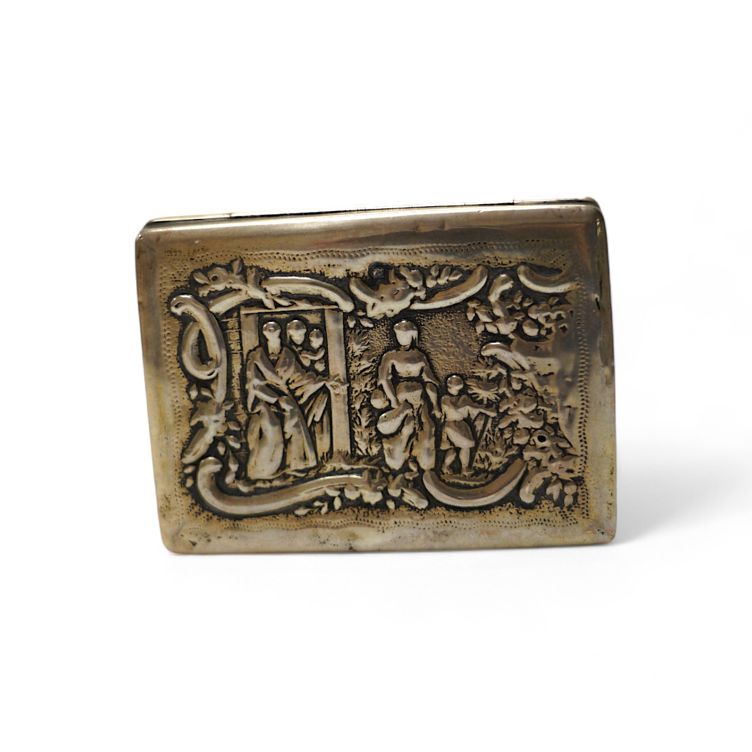 A late 19th century Dutch embossed white metal rectangular snuff box, 83mm, 107 grams. Condition - poor